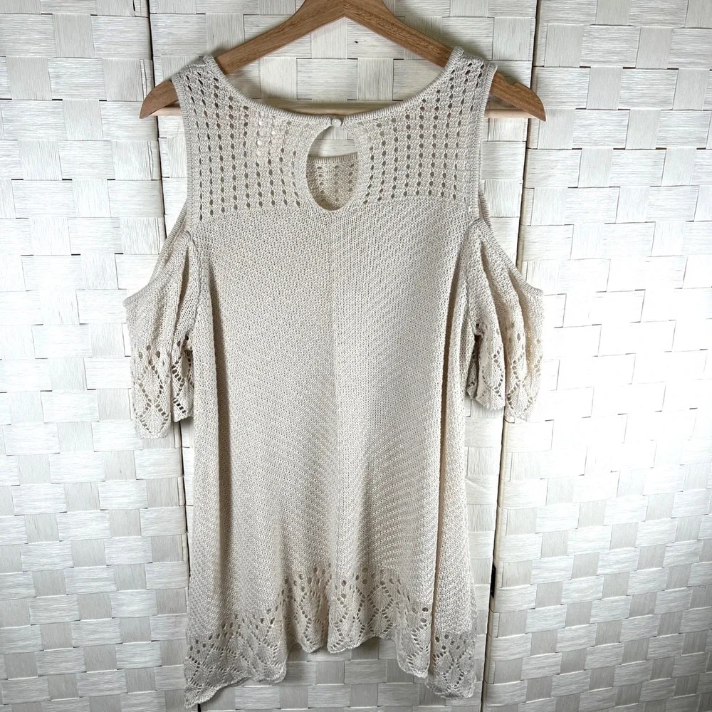 Womens Crochet Knit Western Boho Cold‎ Shoulder Tunic Layering Dress XL Beige